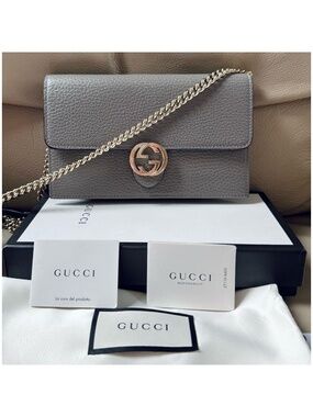 Authentic Gucci Interlocking Dollar Gray Leather Chain Crossbody Clutch Bag